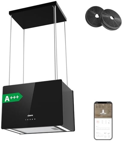 CIARRA CBCB4850 A+++ Inselhaube Umluft Dunstabzugshaube Insel Freihängend 48cm 700m³/h mit Smart Wi-Fi App 4 Stufen Booster Glas Inselabzugshaube CBCF003 Aktivkohlefilter Schwarz