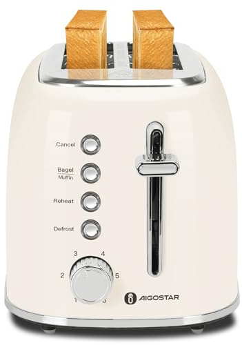 Aigostar Toaster 2 Scheiben, 4 cm extra breite Toastschlitze, 4 Funktionen | (Bagel, Auftauen, Aufwärmen, Abbrechen), Retro-Toaster mit 6 Bräunungsstufen, herausnehmbarer Krümelschublade, Edelstahl