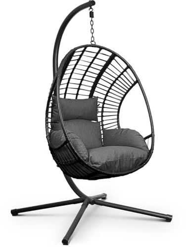 Swoods XXL Hängesessel mit Gestell - Hängesessel Für Indoor und Outdoor - Inkl. Kissen - Egg Chair - bis 150kg (Dunkelgrau)