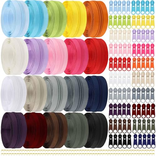 Lighterday 60M Endlosreißverschluss mit Zipper Teilbar, Zieher, Reißverschluss-Reparatur-Set für Nähen und Basteln in 20 Farben