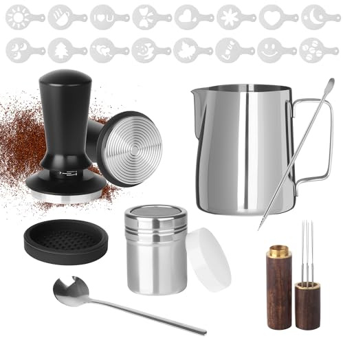 Kaffee Tamper 51mm Set, Espresso Tamper Set 23pcs, Espresso Tamper Zubehör mit 350ml Edelstahl Milchkännchen und Latte-Art-Stift, Edelstahl Espresso Kaffeedrücker, Tamper Matte, Kaffee-Rührer
