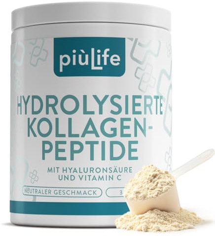 Hydrolysiertes Kollagen Pulver 330g Piùlife Collagen Peptide Typ 1, Pure Kollagen Hydrolysat Hochdosiert Mit Hyaluronsäure und Vitamin C, Rind, Für Haut, Haare, Nägel & Gelenke