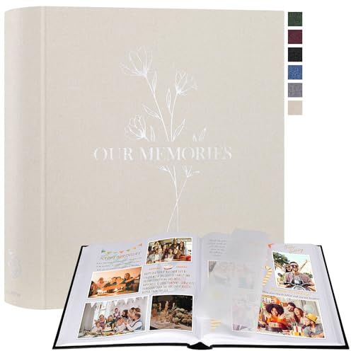 Lanpn Fotoalbum zum Selbstgestalten Einkleben, Großes OUR MEMORIES Leinen Fotobuch 160 weißen Seiten mit Pergamin Trennblätter Fasst 9x13 10x15 13x18cm Fotos (30x33,5 cm, Beige)