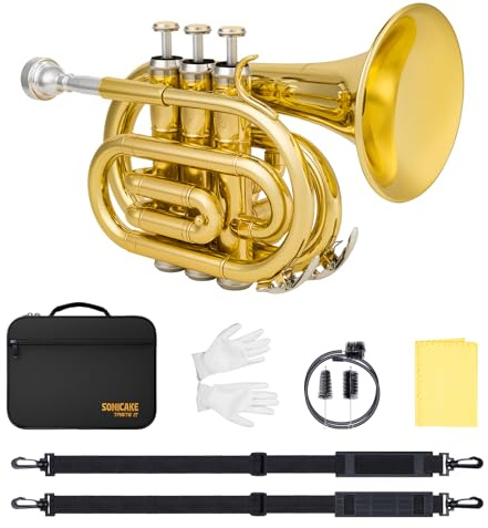 SONICAKE Bb Taschentrompete Messing Gold Lack, Komplettes Anfänger Trompeten-Set mit 7C Mundstück, Hartschalenkoffer und Handschuhe QPT-01