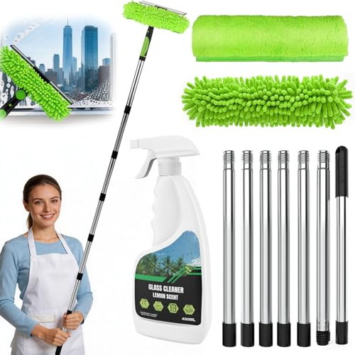 3M Fensterreiniger Set mit Teleskopstiel, 2-in-1 Fensterputzer Set mit 400ML Fensterreiniger, 180° Drehbaren Kopf, Profi Fensterabzieher für Bad, Dusche, Fenster, Glas, Spiegel, Auto
