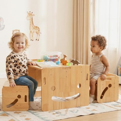 FUNLIO Montessori Höhenverstellbares kindertisch mit 2 stühlen für 1-3 Jährige, hochwertiger Massivholz Kinder Tisch Stuhl Set, zum Lesen/Essen/Spielen, einfach aufzubauen - Quadratischer Tisch