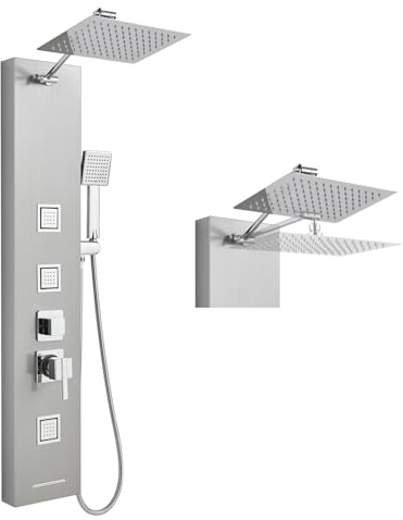 ROVOGO Duschpaneel mit Armatur, 30 x 20cm Edelstahl 304 Regendusche, 4 Modi | Massagedüsen, Regenbrause, Wanneneinlauf, Handbrause, höhenverstellbarer Messingarm, Duschsäule gebürsteter Stahl Wandmontage