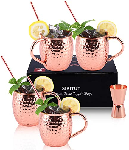 SIKITUT Moscow Mule Becher 4er Set, Handgefertigt Kupferbecher, 550ml Cocktail Set mit: 4 Hochwertige Kupferne Gläsern, 4 Cocktailstrohhalme und 1 Jigger