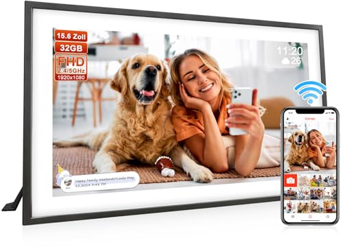 Digitaler Bilderrahmen Groß,15.6 Zoll Frameo Digital Photo Frame, 32 GB, 1920 * 1080 IPS FHD-Touchscreen, Elektronischer Bilderrahmen Tisch- und Wandmontage, Bildvideo teilen