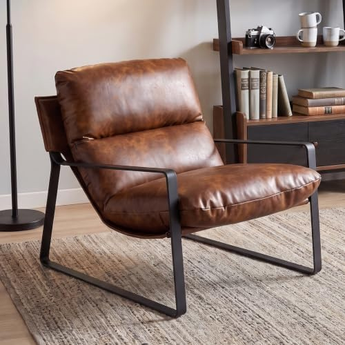 Ya-Home Loungesessel mit Armlehnen Metallgestell, Kunstleder, Braun | Kräftige Rückenlehne und Sitzpolster, stabiler Metallrahmen, weiches Kunstleder, modernes Design