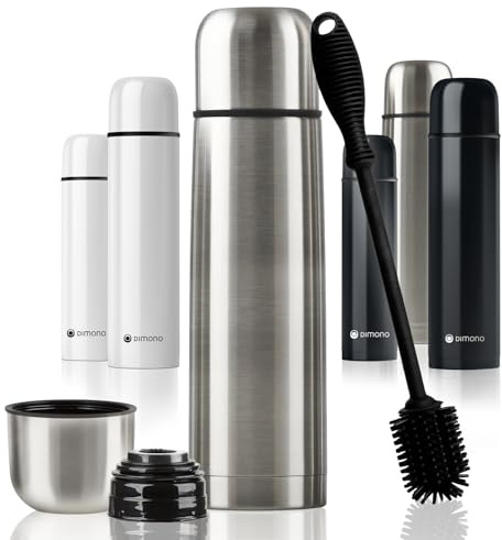 Edelstahl Thermosflasche mit Becher & Bürste; Thermoskanne Doppelwandige Isolierkanne; Auslaufsicher, Spülmaschinenfest & BPA-frei + Reinigungsbürste; hält Getränke heiß & kalt (Silber - 500 ml)