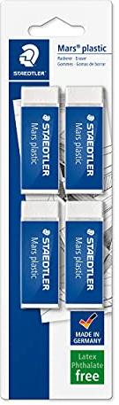 STAEDTLER Mars plastic 526 50 Radiergummi – 4er-Set, Blister | Geringe Krümelbildung, phthalat- & latexfrei – alterungsbeständig – Art.-Nr. 52650BK4DA