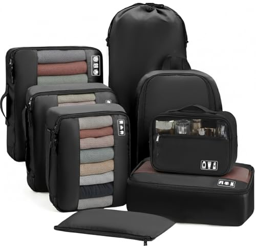 MURISE Koffer Organizer 8 Stück, Packing Cubes für Urlaub und Reisen, Packwürfel Packtaschen für Koffer, mit Schuhtasche Kosmetiktasche, Ordnungssystem, Travel Essentials, Schwarz