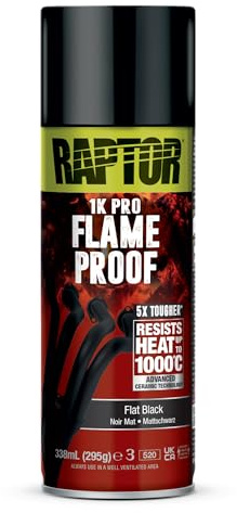 RAPTOR Flameproof | Feuerfest | hitzebeständig bis 1000°C | Thermo-Lack-Spray | Schutz für Auspuff, Motor & Auspuffkrümmer vor Rost | schnell trockenend (flat black/mattschwarz - 338ml)