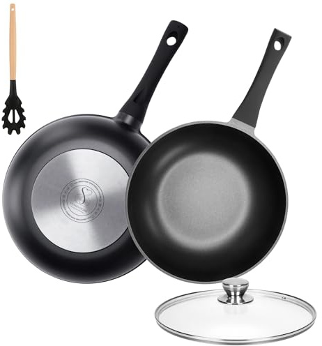 Stone&Stone Wokpfanne 30 cm | Induktions-Wok | Deutsche GREBLON C3+ Antihaftbeschichtung PFOA-frei | Edelstahlboden | Geeignet für Induktion, Gas & Ofen | Profi Wok spülmaschinenfest mit Glasdeckel
