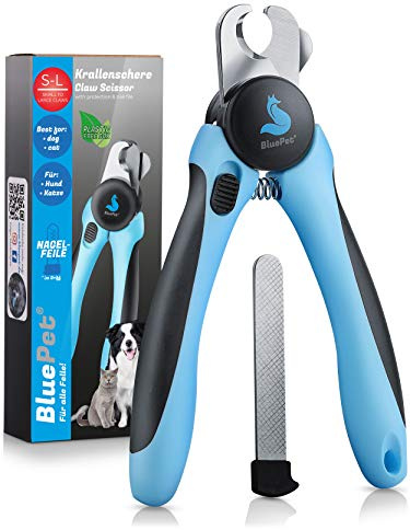 BluePet Krallenschere mit Schutz für Hunde & Katzen, Sichere Krallenzange | Einsteigerfreundlich. Krallenschere für kleine & große Krallen. Mit Krallenfeile im Griff. Alternativ zum Krallenschleifer