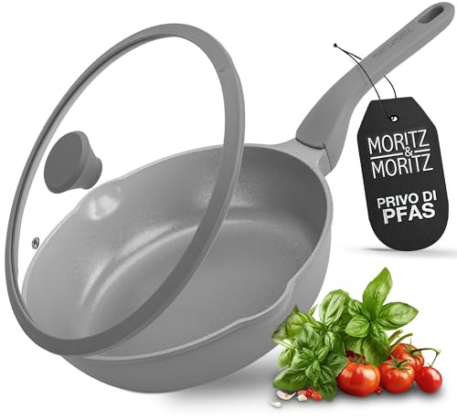 Moritz & Moritz Keramik Pfanne mit Deckel 26cm - frei von PFAS, PFOA & PTFE - Antihaft Bratpfanne 26cm - Schmorpfanne für alle Herdarten geeignet - Ideal zum Braten, Schmoren und Servieren - Grau