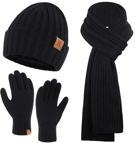ZASFOU Herren Winter Mütze Schal Touchscreen Handschuhe Set Thermo Beanie Wintermütze Strickmütze Winterschal Winterhandschuhe Geschenk für Männer