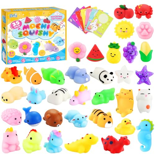Zefy 35 Stück Squishy mit Karten, Keine Dopplungen Mochi Fidget Spielzeug Kawaii Squishy Toys Set, Mini Squishies für Adventskalender Kindergeburtstag Mitgebsel Geschenke