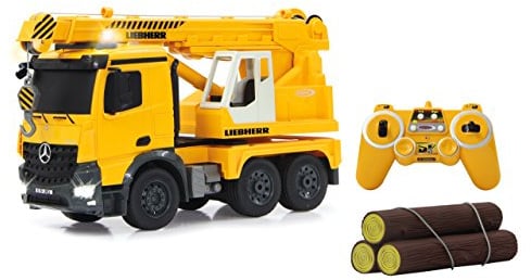 JAMARA 405034 - Schwerlastkran Mercedes Liebherr 1:20 2,4G - Kran ausfahren und 660° drehbar, Seil Heben/senken, gelbe LED Signallichter, realistische Sounds,4 Radantrieb