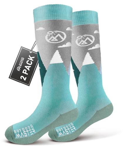 OutdoorMaster 2 Paar skisocken kinder, Snowboarding Atmungsaktive thermische Socken für Mädchen und Jungen für Outdoor-Sportarten mit Über die Wade Design/Anti-Rutsch-Bündchen