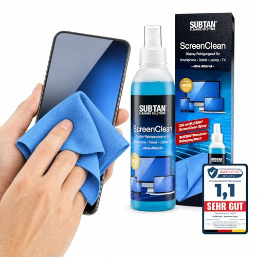Bildschirmreiniger Set 250 ml – SUBTAN Display Reiniger Spray + Premium-Mikrofasertuch 30x38 cm – Alkoholfrei, Streifenfrei für Handy, Laptop, Monitor, TV – Made in Germany