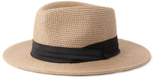 DRESHOW Damen Panama Hut Breiter Krempe Stroh Sommer Fedora Strohhut Panama Aufrollen Hut Strand Rollbar UV Sonnenhut UPF 50 +