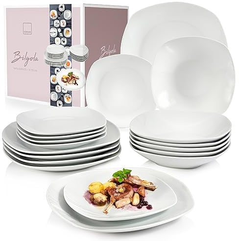 SÄNGER | Tafelservice Bilgola Weiß, 18-teiliges Geschirrset für 6 Personen mit Suppen-, Dessert-, & flachen Tellern aus Porzellan | PREMIUM COLLECTION