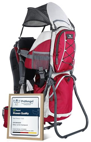 Dromader Kraxe Kindertrage Wandern | Rückentrage Sonnendach & Thermotasche | Aluminiumrahmen · 3D-Opti-Fit-Tragesystem · Regen- & Sonnendach, Wickelmatte · Bis 22 kg · Rot