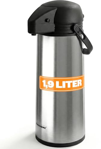 EUROHOME Airpot Pumpkanne Edelstahl mit Einer Füllmenge von 1,9 Liter - Isolierkanne mit hochwertiger Pumpfunktion - Thermoskanne 35 cm in der Höhe - hält Getränke Lange warm oder kalt