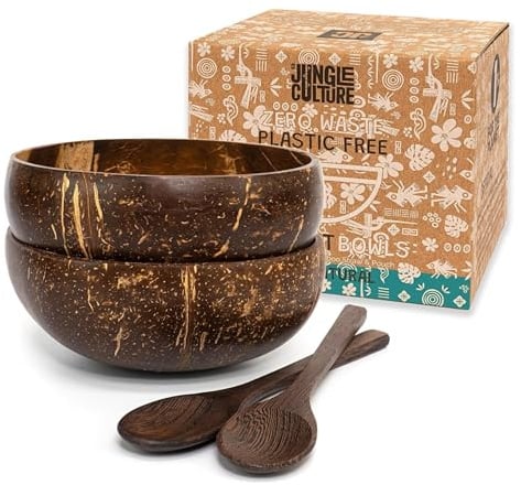 Jungle Culture Kokosnuss Schalen 2er Set mit Holzlöffeln & Bambusstrohhälmen • Natürlich, Vegan Plastikfreie Alternative • Kokosschalen Schüssel, Handgefertigt mit Kokosöl poliert • Coconut Bowls