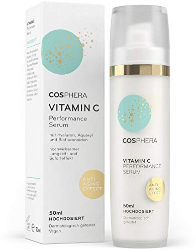 Cosphera - Vitamin C Performance Serum hochdosiert 50 ml - Vitamin C Konzentrat Gel mit Hyaluronsäure für Gesicht, Hals und Augen - Vegane Anti-Falten Feuchtigkeitsbehandlung für Frauen und Männer