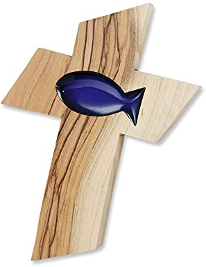 MaMeMi HOLZKREUZ OLIVENHOLZ mit blauem Fisch- / ICHTHYS-SYMBOL 13 cm, Wandkreuz zur KOMMUNION oder KONFIRMATION, HANDARBEIT aus dem HEILIGEN LAND