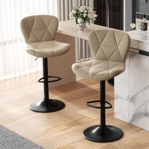 Hawthyhome Barhocker 2er Set Höhenverstellbar mit Lehne Khaki | 360° Drehbar, Kunstlederbezug, Fußstütze, Barstuhl, Kücheninsel, Heimbar, Esszimmer, BarHocker