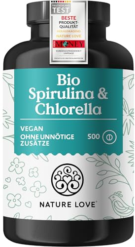 NATURE LOVE® Bio Spirulina + Bio Chlorella - je 3000mg Spirulina & Chlorella pro Tagesdosis - 500 Tabletten - Ohne Zusätze und Bio zertifiziert - Hochdosiert, laborgeprüft und vegan