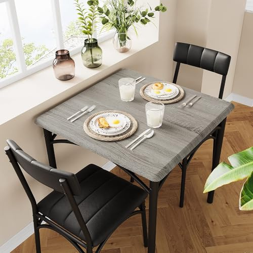 Salutmeuble 3-teiliges Küchentisch-Set, Tisch und Stühle für 2, quadratischer Esstisch aus Metall und Holz mit 2 gepolsterten Stühlen, Esstisch für kleine Räume (Grau 2)