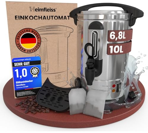 Heimfleiss® Glühweinkocher 6,8L aus Edelstahl | 1500W Einkochautomat für Glühwein, Punsch & Tee | Glühweintopf mit Zapfhahn, Thermostat & Abtropfschale | Heißwasserspender & Heißgetränkeautomat