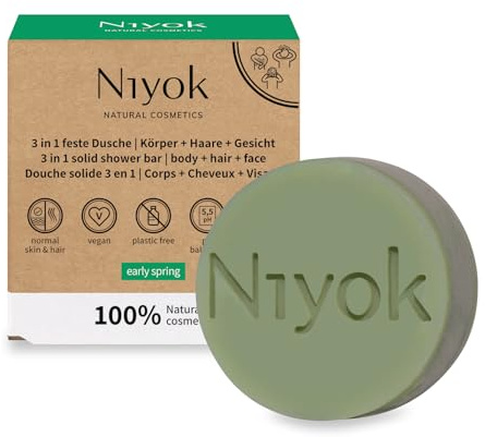 Niyok 3-in-1 Feste Dusche Early Spring (80g) • Für Körper, Haare & Gesicht • Duschgel, Shampoo & Gesichtsreinigung in Einem • Bio Naturkosmetik • Plastikfrei & Vegan