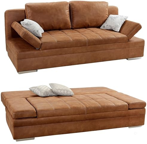 Funktionssofa mit Gästebett u.Bettkasten B200/T100/H84 cm, Armlehnen verstellbar, Liegefläche 148x200 cm, Wellenunterfederung, Bezug Mikrofaser in Antikleder-Optik m. Steppung in Braun Curry / 15117
