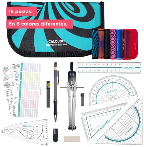 CALCUSO GEOMETRIE SET PRO in türkiser Federmappe/Federmäppchen mit Zirkel und Geodreieck - Praktisches Mäppchen für Schule, Uni, Büro und Zeichnungen - Ideal als Geometrie-Set für die Schule