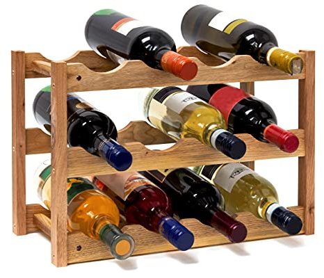 Relaxdays klein, Flaschenregal 12 Flaschen Wein, H x B x T: 28 x 21 x 42 cm, natürlich, Holz, Weinregal Walnuss mit 3 Ebenen