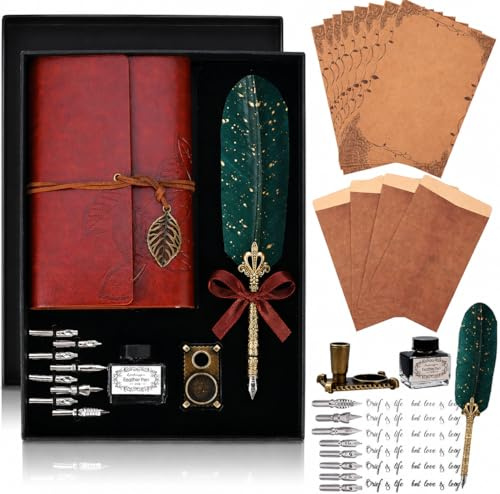 Cieex Schreibfeder Kalligraphie Feder, Handgemachte Dip Pen, Vintage Federkiel Dip Quill Pen Writing Ink Set für Schreibwaren Geschenk