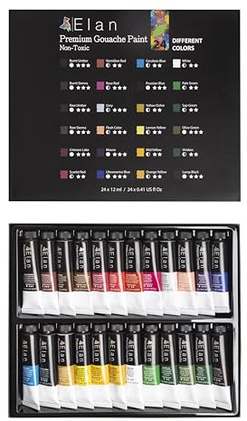 Elan Gouache Farben Set, 24x Premium Gouache Farben Tuben 12ml Ungiftig, Premium Flüssige Gouachefarben Set Professional