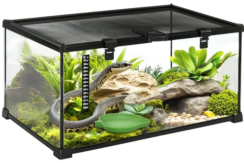 PawHut Terrarium für Reptilien Reptile Fütterungsbox Glasterrarium Amphibien Spinnentiere mit Thermometer Reptilienzuchtbox Metall Schwarz 50 x 30 x 25 cm
