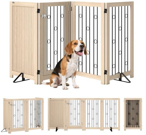 PawHut Absperrgitter Hund Faltbares 4 Paneelen HxB 91,5 x 205 cm Eiche | Freistehendes Schutzgitter, 2 Stützfüßen, Abschließbarer Tür, Haustiergitter Küche Kamin Tür