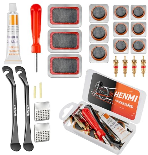 HENMI Fahrrad Flickzeug Set, Tragbar Flickset Fahrradreifen mit Reifenreparaturkleber, Patch, Metall Reifenheber, Ventilschlüssel, Ventileinsatz Kompatibel mit Allen Fahrradschläuchen 2024
