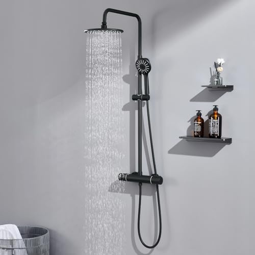 Auralum Duscharmatur Komplettset: Regendusche mit Thermostatarmatur, Höhenverstellbare Edelstahl-Duschstange, 23cm Overhead-Regendusche und Handbrause mit 3 Strahlarten & Edelstahlschlauch