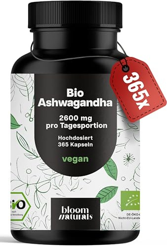 Bio Ashwagandha hochdosiert – 365 Kapseln – 2600 mg KSM-66® pro Tag | Echte Bio-Qualität – vegan, abgefüllt in Deutschland, laborgeprüft