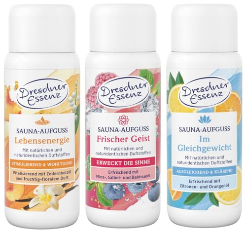 Dresdner Essenz Sauna-Aufguss 3er-Set – Lebensenergie, Frischer Geist & Im Gleichgewicht – Natürlich duftende Vielfalt für Ihre Saunaroutine – je 250 ml