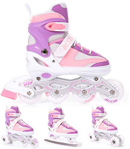 BESTIF Inliner für Kinder und Erwachsene Inline Skates 4in1 Rollschuhe Schlittschuhe Verstellbar (Rosa-Lila, 34-37)